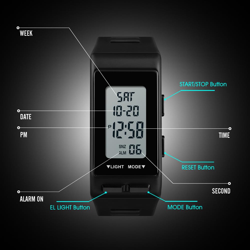 Reginald Men's Digital Sports Black Rectangular Waterproof Watch with LED Screen Large Face Military Luminous Stopwatch Alarm Clock Outdoor Use - View 5 of 8
