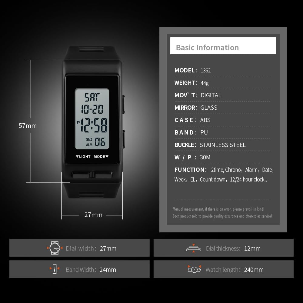 Reginald Men's Digital Sports Black Rectangular Waterproof Watch with LED Screen Large Face Military Luminous Stopwatch Alarm Clock Outdoor Use - View 8 of 8