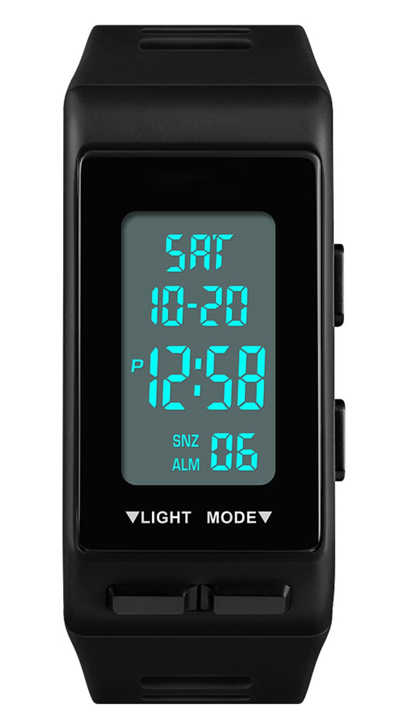Reginald Men's Digital Sports Black Rectangular Waterproof Watch with LED Screen Large Face Military Luminous Stopwatch Alarm Clock Outdoor Use