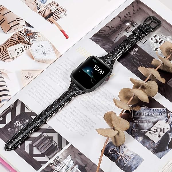 Wearlizer Wearlizer Thin Glitter Leather Bands for Apple Watch Women Compatible with Series SE Ultra 49mm 46mm 45mm 44mm 42mm 41mm 40mm 38mm - View 2 of 7