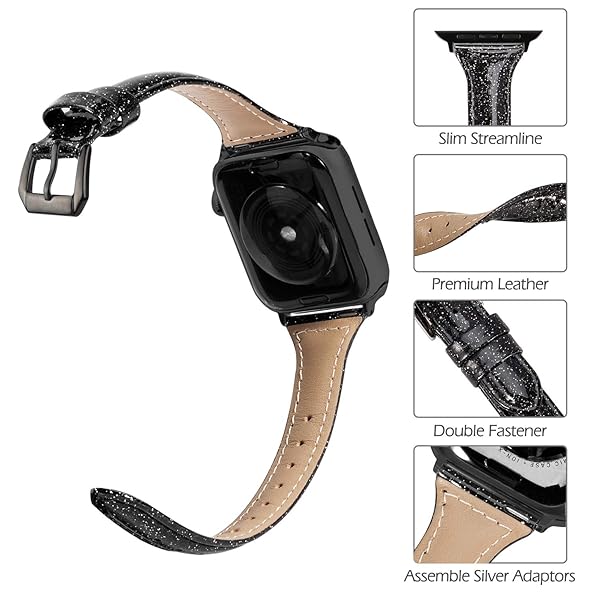 Wearlizer Wearlizer Thin Glitter Leather Bands for Apple Watch Women Compatible with Series SE Ultra 49mm 46mm 45mm 44mm 42mm 41mm 40mm 38mm - View 6 of 7