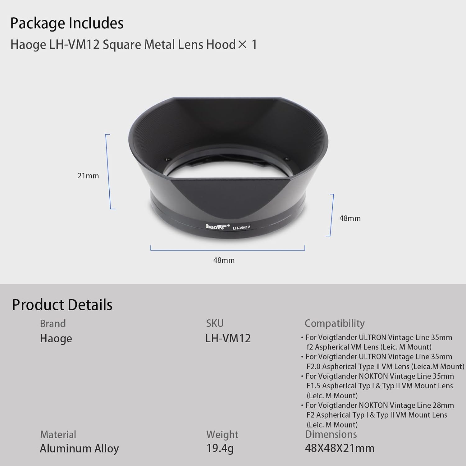 Haoge Haoge LH-VM12 Bayonet Square Metal Lens Hood Shade for Voigtlander 35mm f2 Ultron Aspherical Vintage Line VM Lens Replacement - View 6 of 9