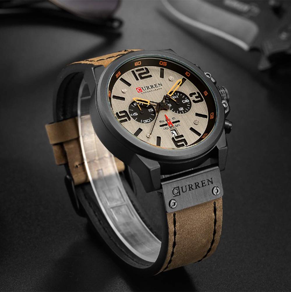 Mens Leather Chronograph Watch Classic Black Casual Dress Waterproof Date Analog Quartz Multifunction Military Style Brown - View 2 of 7