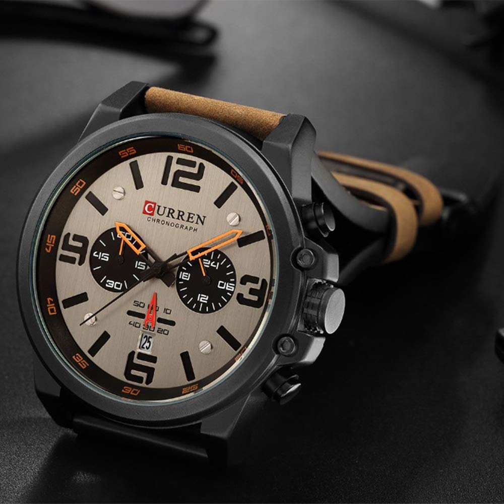 Mens Leather Chronograph Watch Classic Black Casual Dress Waterproof Date Analog Quartz Multifunction Military Style Brown - View 3 of 7