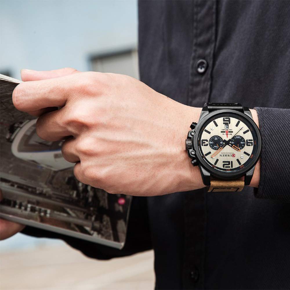 Mens Leather Chronograph Watch Classic Black Casual Dress Waterproof Date Analog Quartz Multifunction Military Style Brown - View 5 of 7