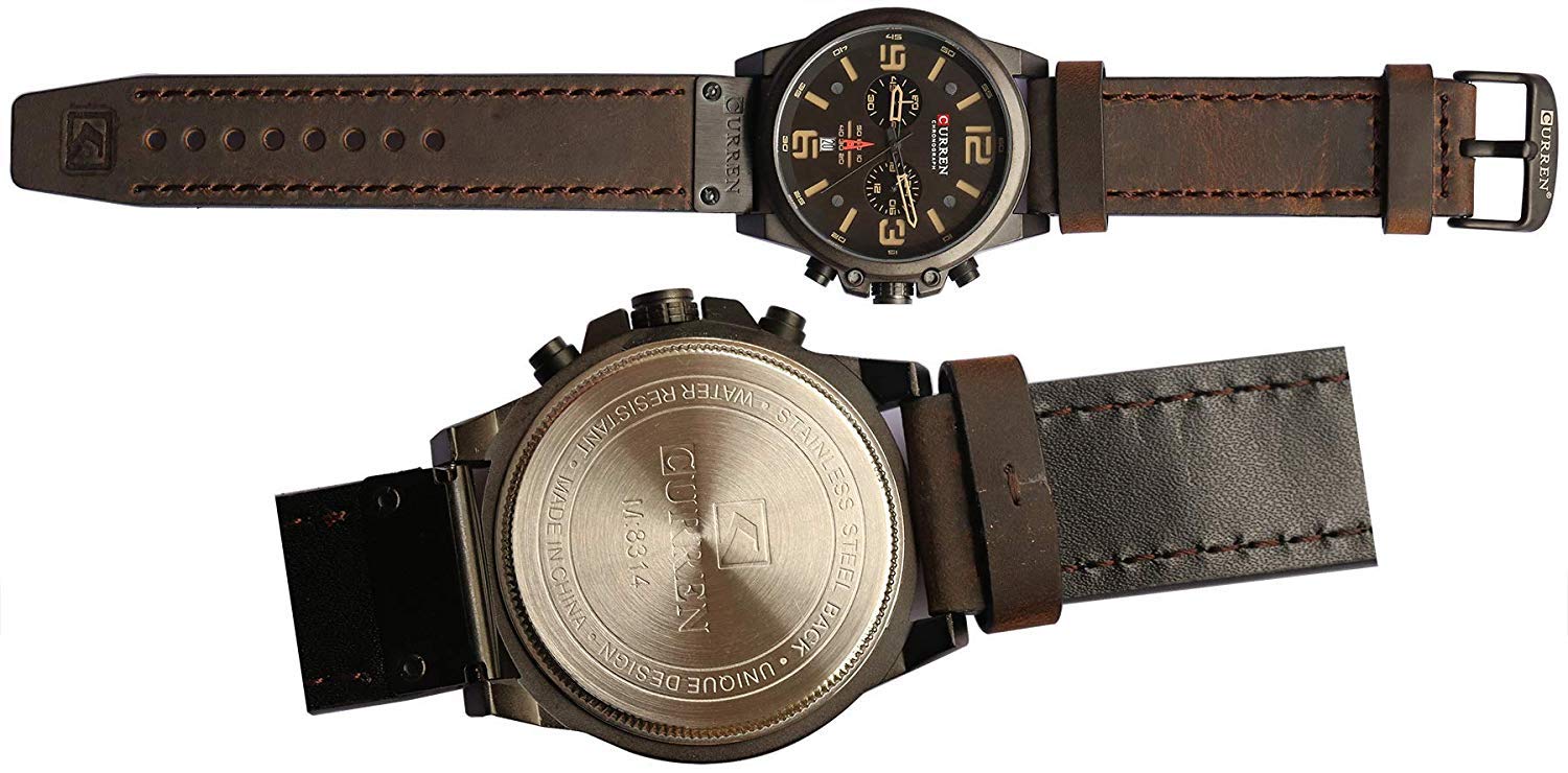 Mens Leather Chronograph Watch Classic Black Casual Dress Waterproof Date Analog Quartz Multifunction Military Style Brown - View 7 of 7