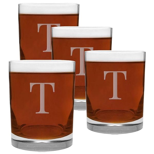 CEDAR CRATE MARKET Engraved T-Letter Monogram 4 Piece Glass Set 13.5 Ounce Perfect for Gifts and Home Decor