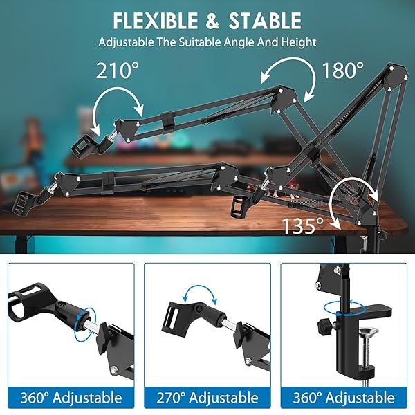 K KASONIC K KASONIC Microphone Stand, Adjustable Microphone Desk Stand for HyperX Mic Boom Arm Stand for Broadcasting Recording, Voice-Over Sound Studio, Stages, Streaming, Singing and TV Stations - View 3 of 8