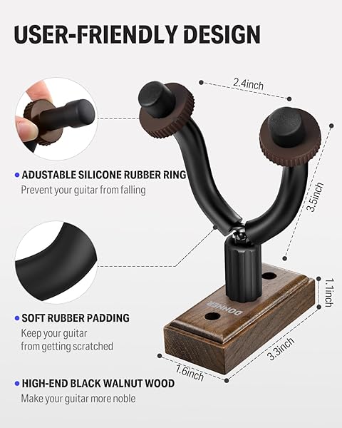 Donner Donner Guitar Wall Mount 3 Pack - Black Walnut Hanger for Acoustic, Electric, Bass, Ukulele & More - View 3 of 9