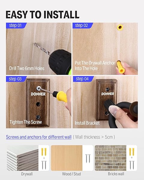 Donner Donner Guitar Wall Mount 3 Pack - Black Walnut Hanger for Acoustic, Electric, Bass, Ukulele & More - View 6 of 9