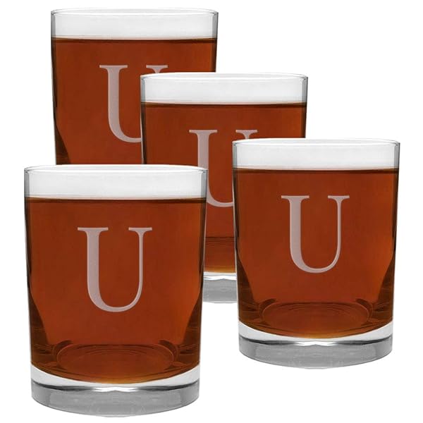 CEDAR CRATE MARKET Engraved U-Letter Monogram 4 Piece Glass Set 13.5 Ounce Perfect for Gifts and Home Use