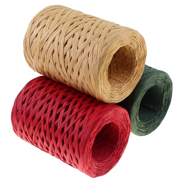 CREATRILL CREATRILL Raffia Ribbon Set Red Green Natural 3 Rolls 1080 Feet Ideal for Christmas Wrapping and Craft Projects