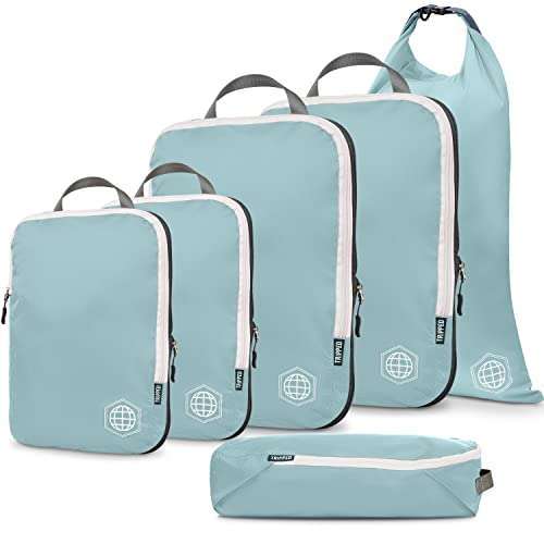 TRIPPED Travel Gear TRIPPED Travel Gear Compression Packing Cubes - 6 Piece Set for Luggage & Backpack Organization (Dusty Teal & White)