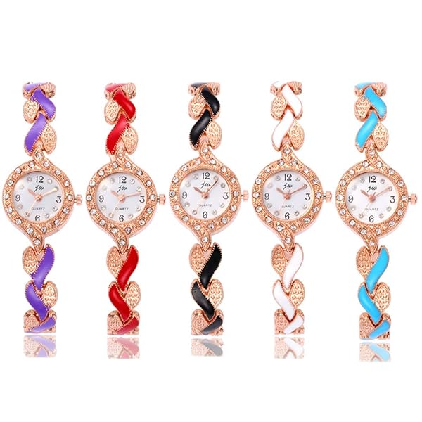Weicam Weicam 5 Pcs Women's Elegant Crystal Bangle Bracelet Leaf Analog Quartz Wrist Watches