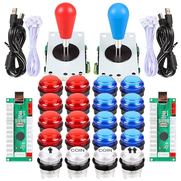 Fosiya Fosiya LED Arcade Joystick Buttons Kit 8 Way Joystick and 20 LED Buttons for 2 Player Video Games Compatible with Windows PC MAME Raspberry Pi