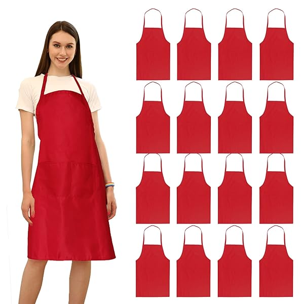 LOYHUANG LOYHUANG Red Bib Plain Aprons Bulk for Adults with 2 Pockets Ideal for Cooking Baking and Painting 16 Pcs Size 24 X 28