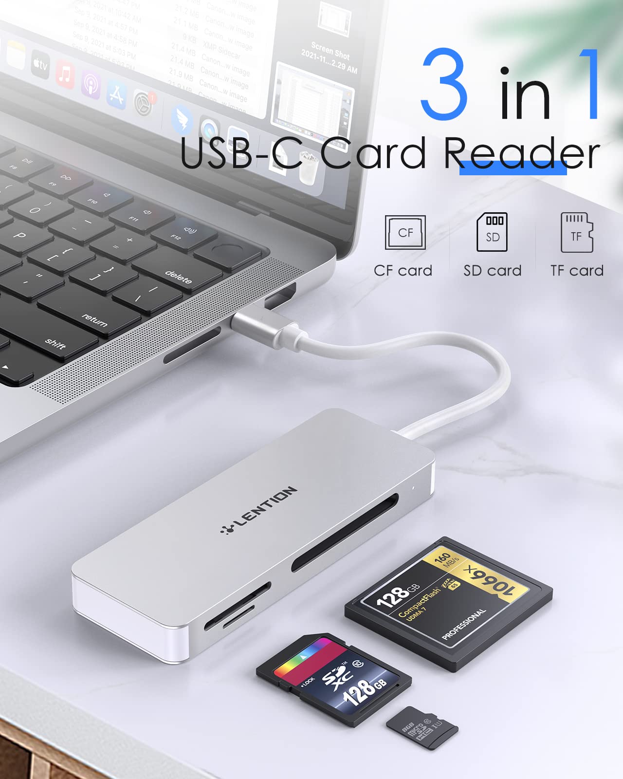 LENTION USB C Multi-Card Reader for MacBook Pro Air iPad Pro Surface SD CF Micro SD Adapter Silver - View 2 of 7