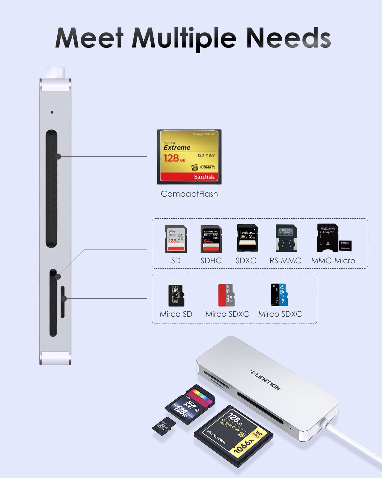 LENTION USB C Multi-Card Reader for MacBook Pro Air iPad Pro Surface SD CF Micro SD Adapter Silver - View 6 of 7