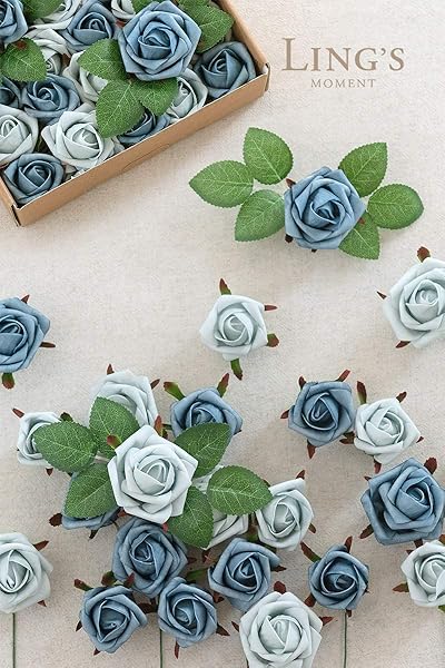 Ling's moment Ling's Moment 24 Pack Artificial Rose Buds and Petite Roses for DIY Wedding Bouquets Centerpieces Decorations Dusty Blue Shades - View 6 of 7