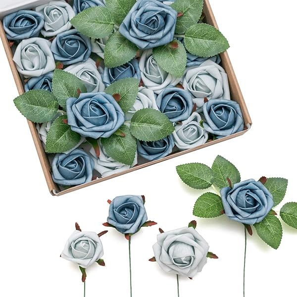 Ling's moment Ling's Moment 24 Pack Artificial Rose Buds and Petite Roses for DIY Wedding Bouquets Centerpieces Decorations Dusty Blue Shades - View 2 of 7