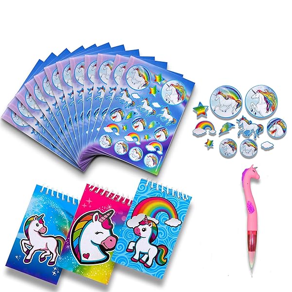 Unicqe Unicorn Stickers and Notepads Set with Fun Novelty Pen for Girls Arts Crafts and Birthday Party Favors