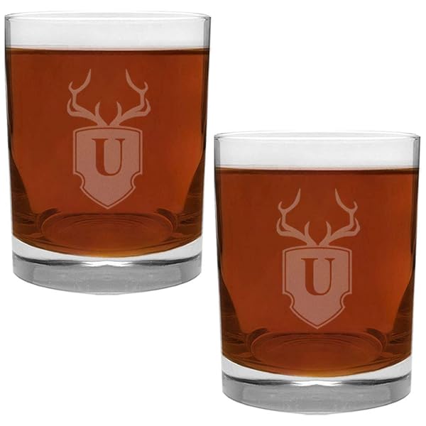 CEDAR CRATE MARKET Engraved Antler and Shield U-Letter Monogram 2 Piece Glass Set 13.5 Ounce