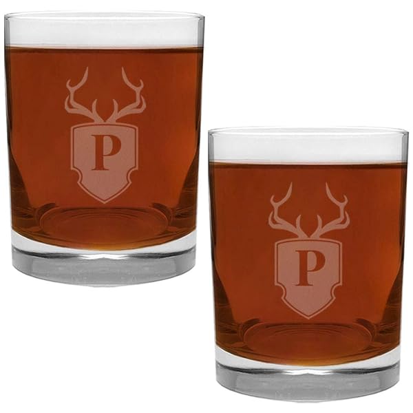 CEDAR CRATE MARKET Engraved Antler and Shield Monogram Glass Set 2 Piece 13.5 Ounce