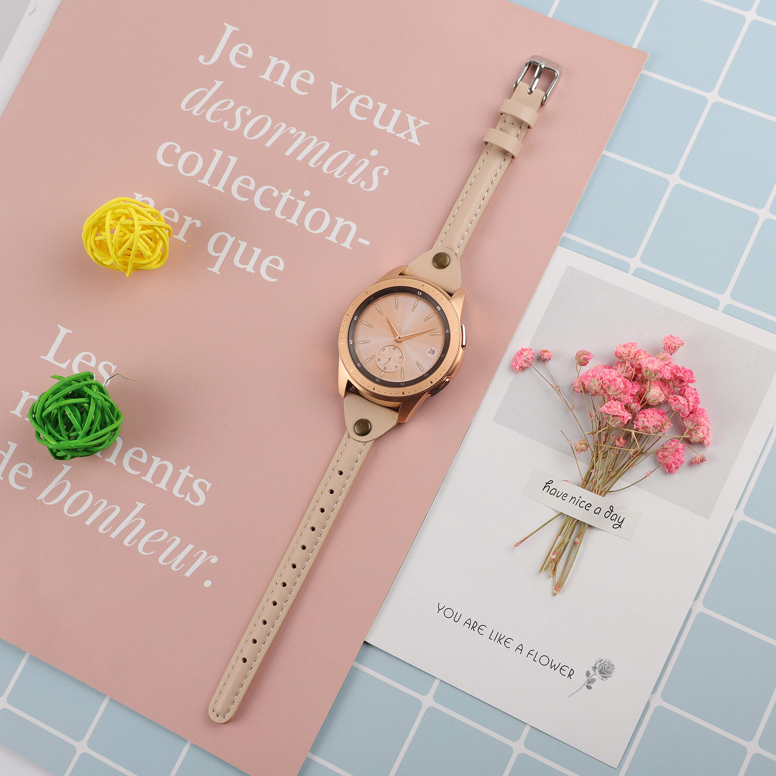 Wearlizer Wearlizer Slim Leather Band for Samsung Galaxy Watch 7 6 5 Pro 4 Classic 3 Active 2 and Garmin Vivoactive 3 in Beige 20mm Strap - View 4 of 5