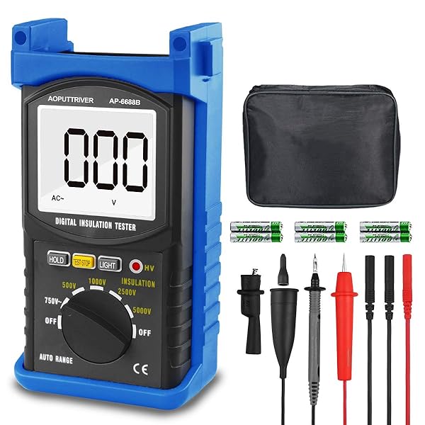 AP-6688B Digital Insulation Resistance Tester: Auto Range Megohmmeter with 1999 Counts, 500V-5000V, Data Hold & Backlit Display