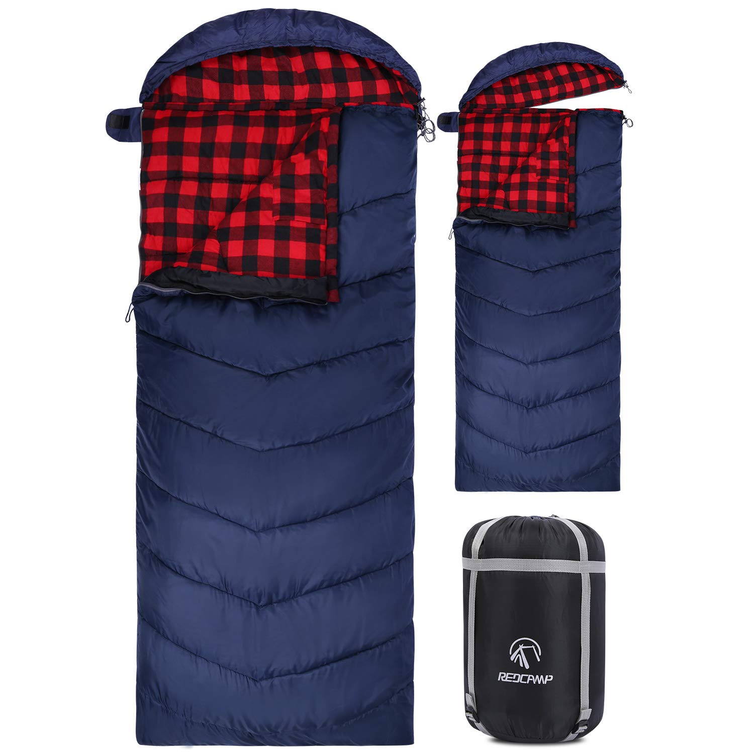 "REDCAMP Flannel Sleeping Bag for Adults - Large, Lightweight, Detachable Hood, Red Plaid, Perfect for Camping (91"x33")"