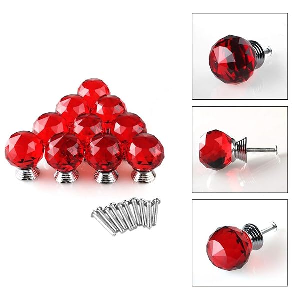 BNYZWOT BNYZWOT 30mm Round Crystal Glass Cabinet Knobs - 10pcs Red Drawer Pulls with Screws - View 5 of 5
