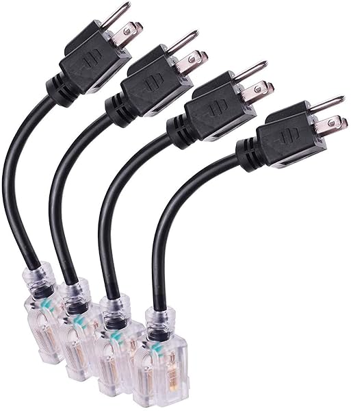 Miady Miady Short Power Extension Cord Outlet Saver 16AWG 13A 3 Prong 4 Pack Black 8 Inch with Lighted End