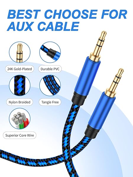 NC XQIN NC XQIN 30ft Aux Cord - Nylon Braided 3.5mm Audio Cable for Car, Headphones, Speakers & More - View 5 of 9