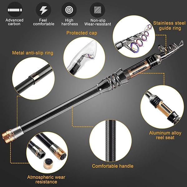 BlueFire BlueFire Fishing Rod Kit Carbon Fiber Telescopic Fishing Pole and Reel Combo with Accessories for Beginners Adults Saltwater Freshwater 2.1M - View 2 of 7
