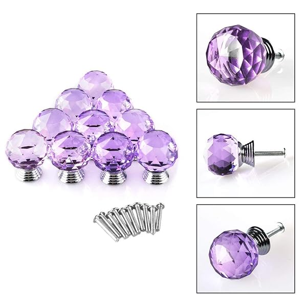 BNYZWOT BNYZWOT 30mm Round Crystal Glass Cabinet Knobs 10Pcs Purple Drawer Pull Handles for Kitchen Dresser Wardrobe with Screws - View 3 of 3