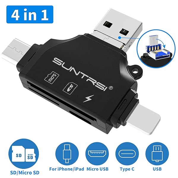 SUNTRSI 4-in-1 SD Card Reader for iPhone, iPad, Android, Mac & PC - Portable Adapter for SD & Micro SD Cards - View 3 of 9