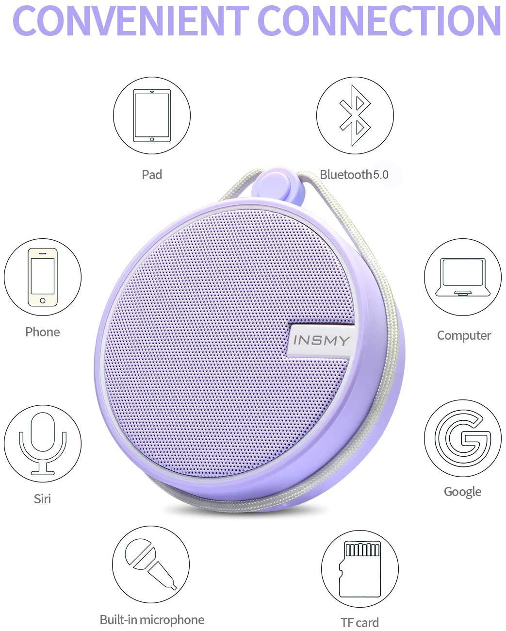 INSMY INSMY C12 Waterproof Bluetooth Shower Speaker Portable Small Loud Clear Sound Suction Cup for Kayak Canoe Beach Gift Purple - View 6 of 9