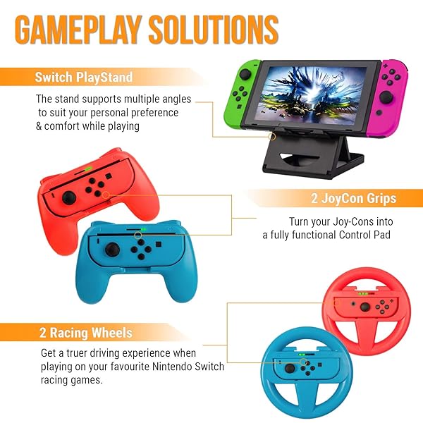 Orzly Orzly Accessories Bundle for Nintendo Switch & OLED: Case, Screen Protector, Joycon Grips & More - Geek Pack ColorPop - View 8 of 10