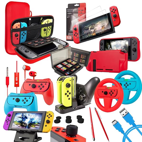 Orzly Accessories Bundle for Nintendo Switch & OLED: Case, Screen Protector, Joycon Grips & More - Geek Pack ColorPop