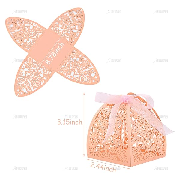 AUEAR AUEAR 50 Pack Rose Candy Boxes 2.4x2.4 Laser Cut Chocolate Gift for Wedding Bridal Shower Anniversary Favors Pink - View 2 of 9