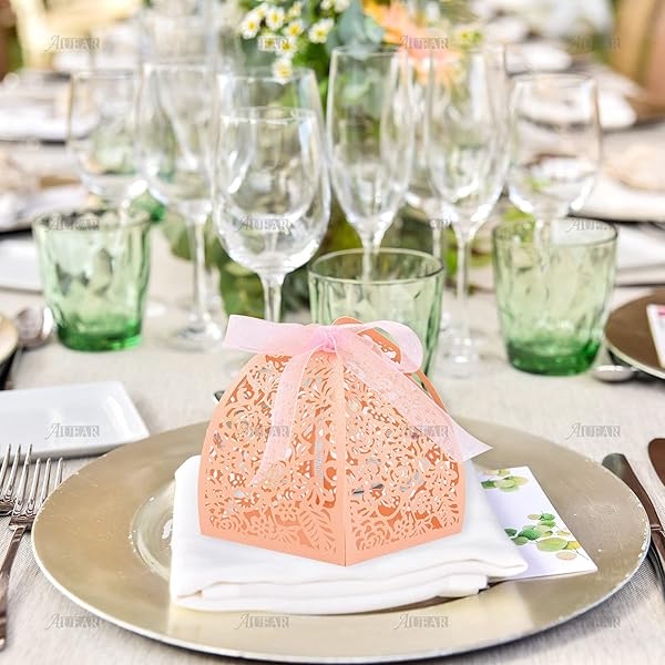 AUEAR AUEAR 50 Pack Rose Candy Boxes 2.4x2.4 Laser Cut Chocolate Gift for Wedding Bridal Shower Anniversary Favors Pink - View 5 of 9