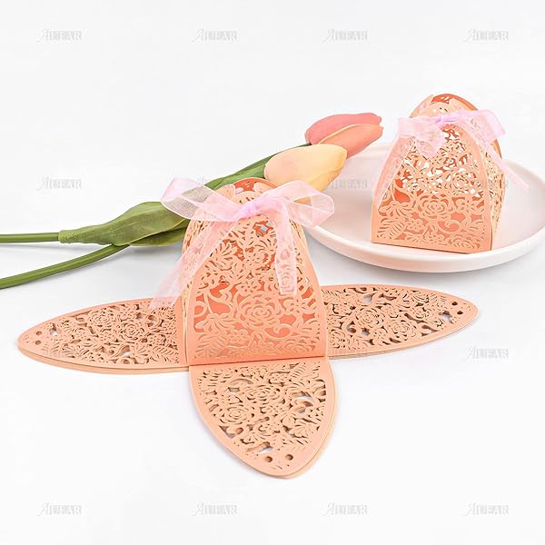 AUEAR AUEAR 50 Pack Rose Candy Boxes 2.4x2.4 Laser Cut Chocolate Gift for Wedding Bridal Shower Anniversary Favors Pink - View 7 of 9
