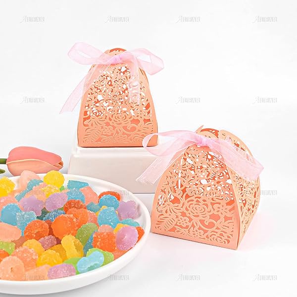 AUEAR AUEAR 50 Pack Rose Candy Boxes 2.4x2.4 Laser Cut Chocolate Gift for Wedding Bridal Shower Anniversary Favors Pink - View 8 of 9