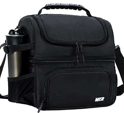 MIER MIER Insulated Dual Compartment Lunch Bag Tote - Leakproof Cooler for Men & Women with Shoulder Strap, Black