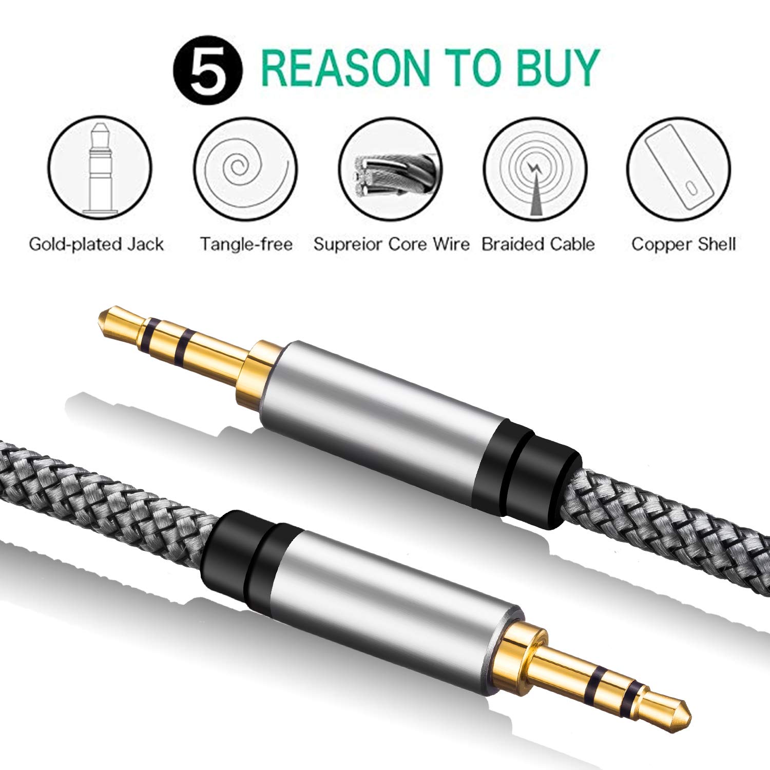 Tan QY Tan QY 3.5mm Nylon Braided Aux Cable 50Ft Male to Male Audio Adapter for Headphones Car Home Stereos Speaker iPhone iPad iPod - View 2 of 7