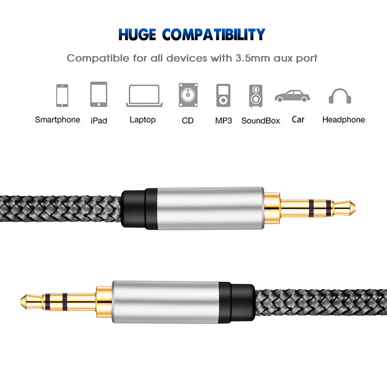Tan QY Tan QY 3.5mm Nylon Braided Aux Cable 50Ft Male to Male Audio Adapter for Headphones Car Home Stereos Speaker iPhone iPad iPod - View 7 of 7