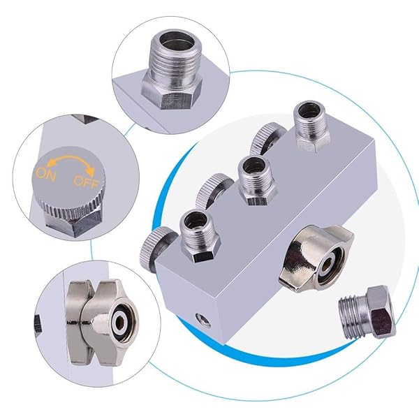 Hztyyier "3-Way Airbrush Manifold Hose Splitter Fitting 1/8" BSP with Adjustable Knob Valve for Precision Air Control" - View 6 of 9