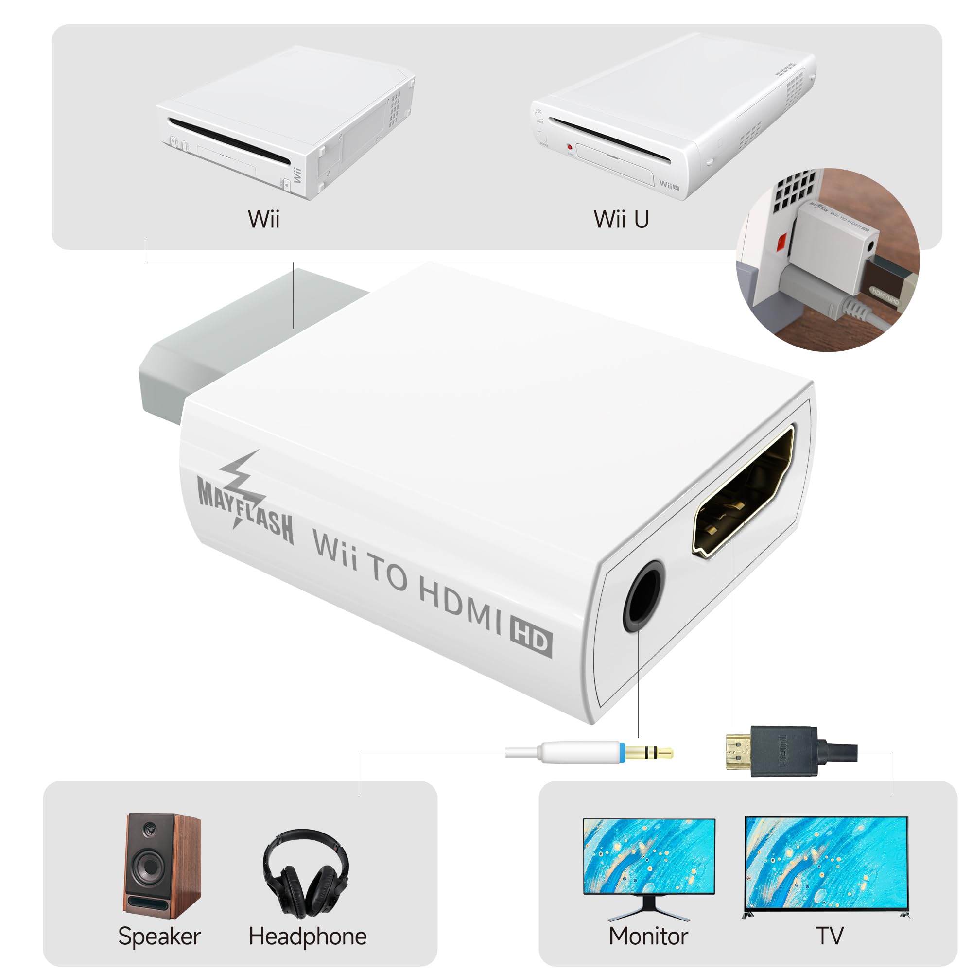 MAYFLASH Wii to HDMI Converter 1080P Full HD Adapter with Audio Jack Compatible with Wii Wii U HDTV Monitor Supports 720P NTS - View 4 of 8