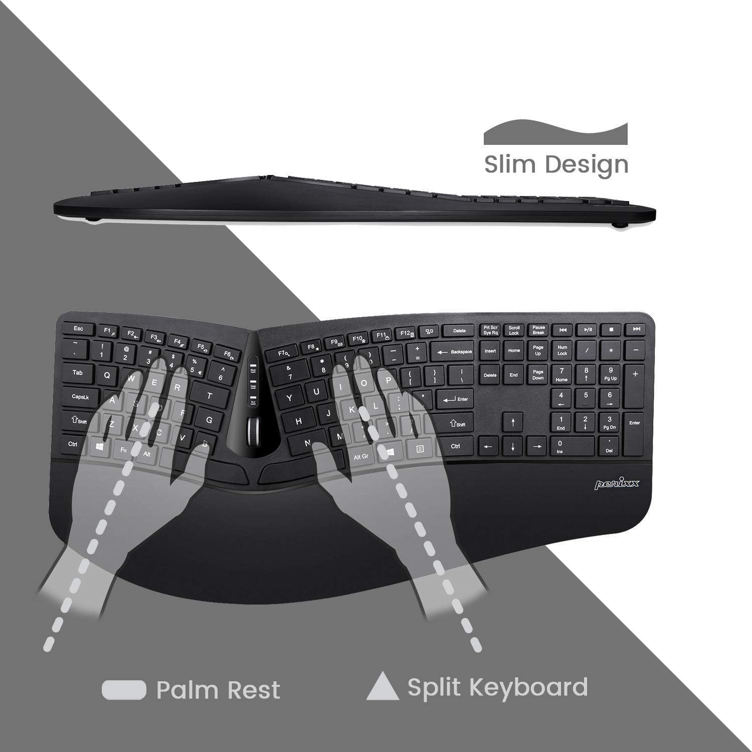 Perixx Periduo-605 Wireless Ergonomic Split Keyboard and Vertical Mouse Combo with Adjustable Palm Rest and Low Profile Keys Black US English Layout - View 2 of 7