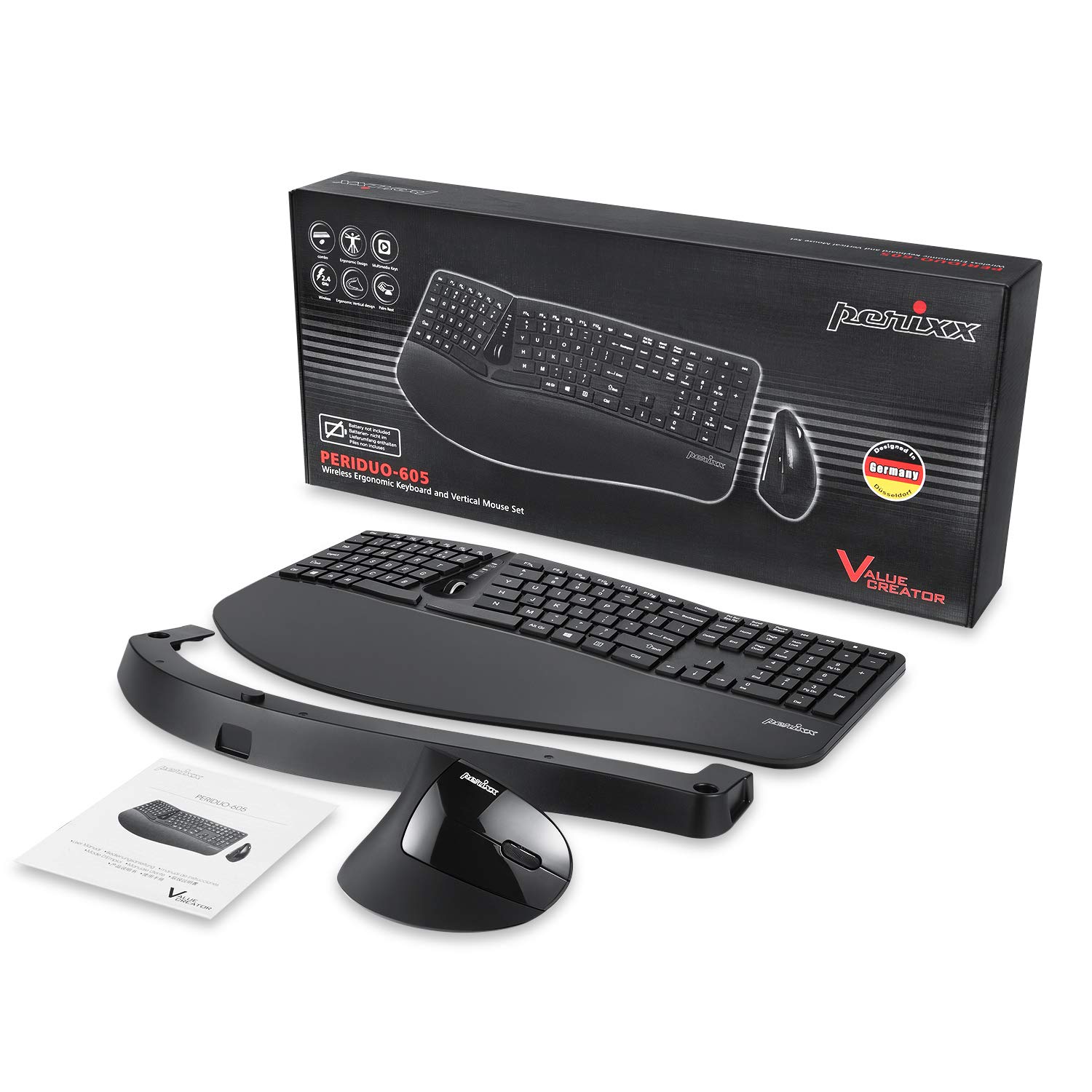 Perixx Periduo-605 Wireless Ergonomic Split Keyboard and Vertical Mouse Combo with Adjustable Palm Rest and Low Profile Keys Black US English Layout - View 6 of 7